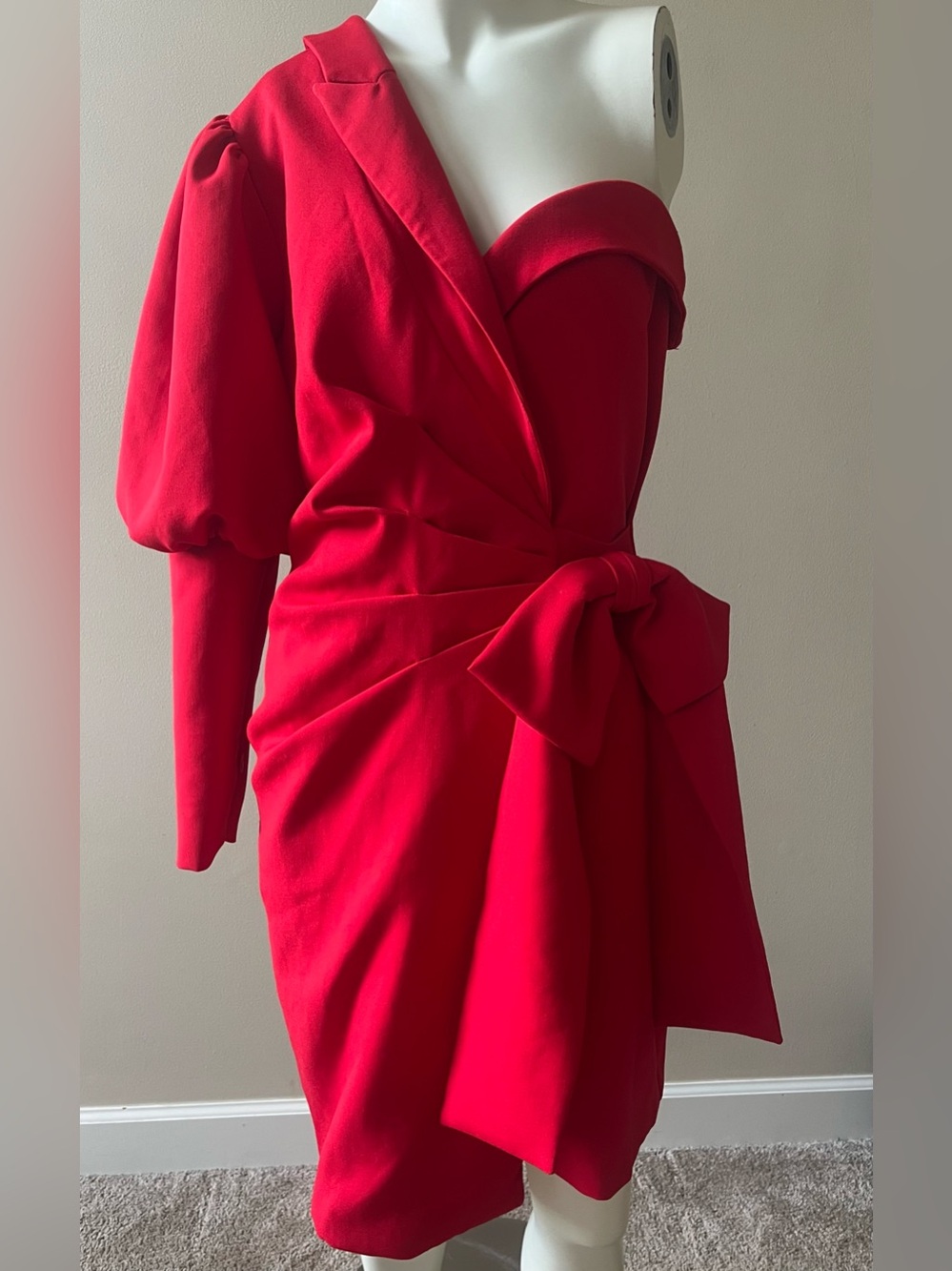 Cache Asymmetrical One-Shoulder Puff Sleeve Dress Women's Size 6 Red Holiday